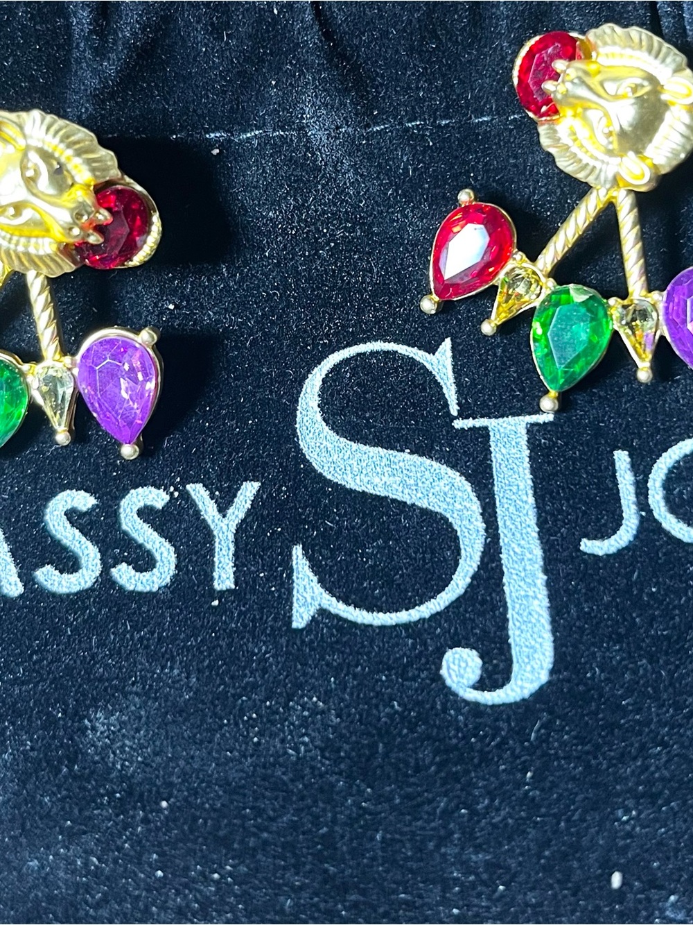 Sassy Jones Multicolor Teardrop Lion Head Earrings - Red, Green, Purple, Gold